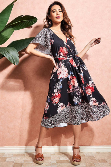 Flutter Sleeve Printed Midi Dress Goddiva